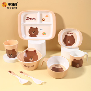 Brown Bear Childrens Melamine Tableware Set Divided Plate Bowl Spoon Cup Fork Heat Resistant Cartoon Kids Dining - Product Image 4