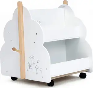 Estante de madeira para livros infantis com rodas, prateleira dupla camada para armazenamento de joias, fácil movimento, prateleira de segurança interna, 36m +