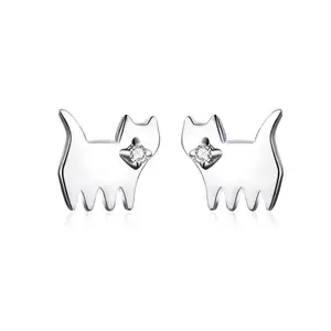 SCE656 Cute Cat 925 Silver With CZ Zirconia Stone Stud Earrings Cute Animal For Girls Women