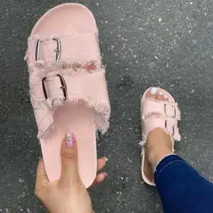 Spring And Summer New Denim Solid Color Canvas Buckle 2 Strap Ladies Flat Casual Sandals
