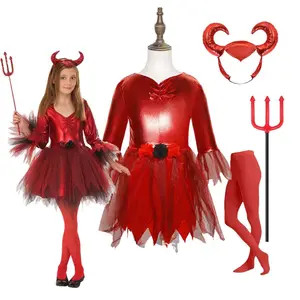 Mädchen Karneval Halloween Satan Herrliche rote Teufel Kostüme mit roten Teufel Hörner ZMHC-018