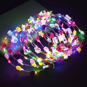 LED Bercahaya Garland Pesta Pernikahan Bunga Ikat Kepala Natal Neon Rambut Karangan Bunga Dekorasi Rambut Bercahaya Garland Hairband