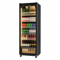 Réfrigérateur à boissons élégant à porte unique, vitrine verticale en verre double vitrage, avec roulettes pivotantes et freins, refroidissement par air