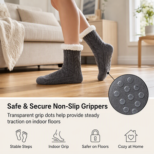 Chaussettes antidérapantes pour femmes, tricot torsadé, bordure en fourrure, semelle à points antidérapants transparents, chaudes pour l'hiver et la maison, pour les acheteurs en gros - Product Image 2