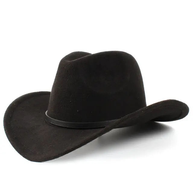 Lã das Mulheres Chapéu Cowboy Ocidental dos homens para Cavalheiro Senhora Jazz Cowgirl com Couro Cloche Chapéu Cowboy Preto