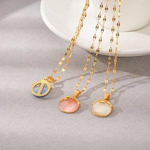 Collier pendentif en pierre œil de chat naturelle, hypoallergénique, en acier inoxydable plaqué or 18 carats, pour femme, cadeau de fête - Product Image 2