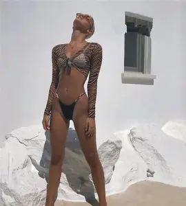 3 parça mayo yaz seksi kadınlar Mesh uzun kollu yüksek bel Bikini seti