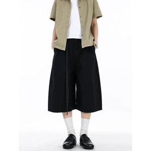 Pantalones Capri 3/4 de Pierna Ancha con Pliegues Vintage y Cordón Decorativo para <span class=keywords><strong>Hombre</strong></span>, Estilo Streetwear Japonés - Product Image 3