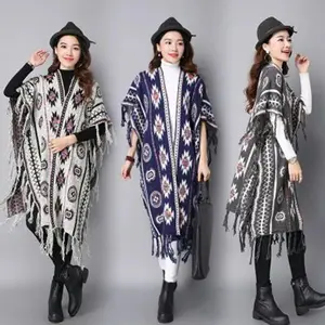2024 primavera invierno Vintage patrón azteca flecos bufandas étnicas de punto Jacquard borla chales para mujeres