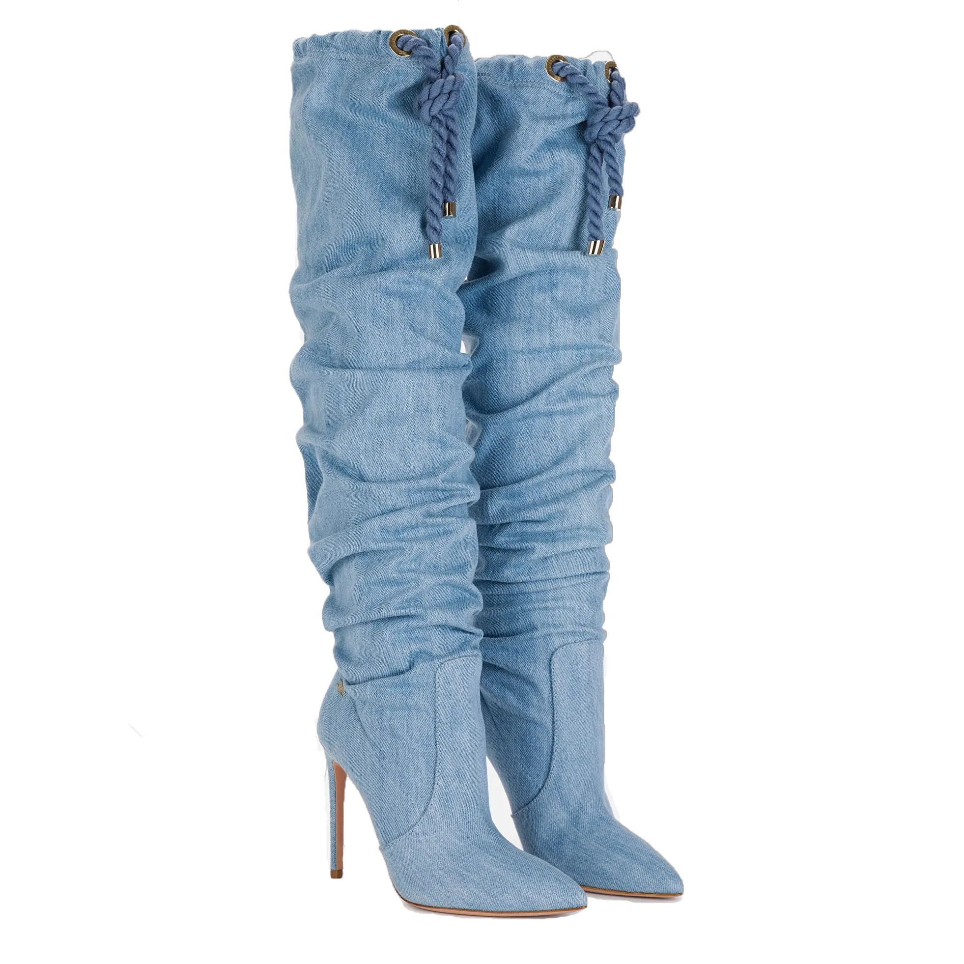 Popular Denim blue over knee high heel boot winter long boots for women warm shoes cow boy elastic fashion boots