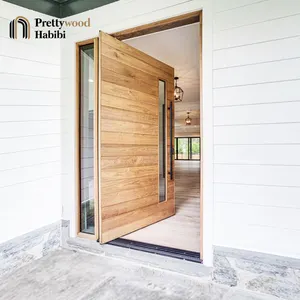 Desain Pintu Depan Perumahan Modern Eksterior Pintu Masuk Utama Kaca Dimasukkan Kayu Solid Pivot Pintu Masuk untuk Rumah