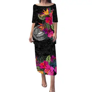 महिलाओं के लिए थोक सस्ते ग्रीष्मकालीन कपड़े अमेरिकी समोआ हिबिस्कस पॉलिनेशियन जनजातीय पुलेटासी ड्रेस आधी आस्तीन 2 पीसी सेट शैली