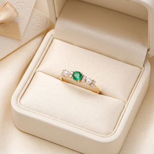 Anillo de Oro Sólido de 18K con Esmeralda Natural y Diamantes, con Perla de Agua Dulce, para Uso Diario, Venta al Por Mayor de Joyería Fina - Product Image 6