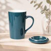 Mug en céramique bleu sarcelle et noir avec couvercle 420 ml – Qualité supérieure pour le bureau, le café, le thé – Cadeau d'entreprise, vente en gros, usage domestique, ensemble de table