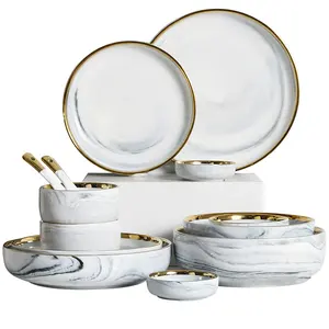 Nordic Ceramic Plates Sets Grey Marble Effect Dinnerware Sets Luxury with Gold Rim Tableware