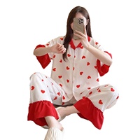 Nouvelle collection été-automne : Ensemble de pyjama pour femme en coton mousse, avec cardigan à manches courtes, imprimé dessin animé, manches à volants et taille élastique.
