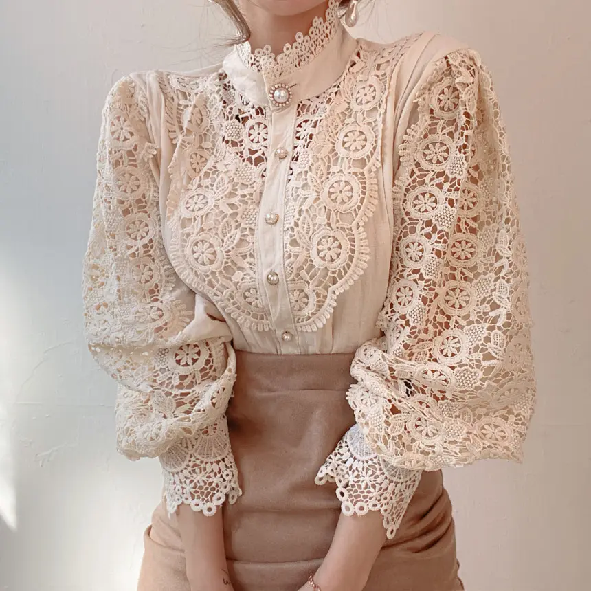 New arrivals spring casual fashion embroidery women lace blouse shirts stand collar long sleeve button up ladies' blouses tops