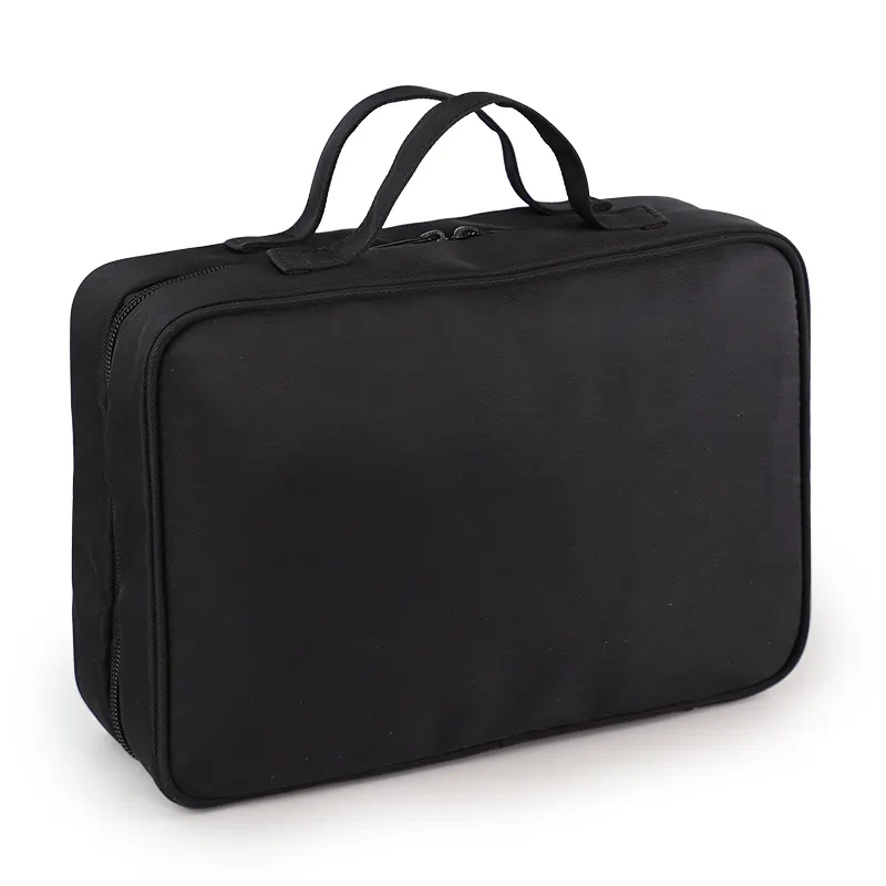 Bolsa organizadora de viaje con logotipo personalizado para hombre, bolso de baño de nailon negro resistente al agua con cremallera grande portátil
