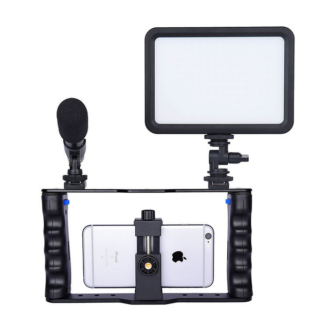 Phone Steadicam Cage with Hot Shoe Double Handle Smartphone Video Rig Kit Aluminum Vlogging Recording Stabilizer