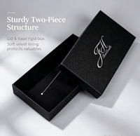 Boîte à bijoux rigide deux pièces avec logo personnalisé, couvercle et base en papier texturé noir pour bagues, colliers et montres