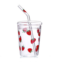 Gobelet à jus en verre créatif et mignon avec couvercle et paille, style INS exquis, résistant à la chaleur, grande capacité