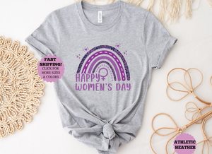 เสื้อยืดวันสตรีสุขสันต์ ดีไซน์เรนโบว์เฟมินิสต์ แขนสั้น คอกลม เสื้อยืดลำลองสำหรับผู้หญิง สีเทาเฮเทอร์ พิมพ์ลายเจอร์ซีย์ - Product Image 1