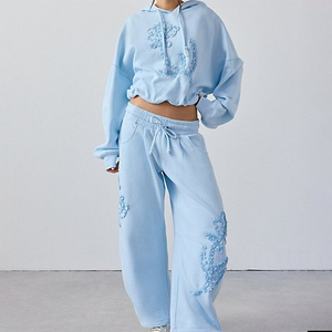 Conjunto de Sudadera Personalizada Azul Claro 100% Algodón Cuello Redondo Sudadera Holgada Estilo Urbano Sudadera con Capucha en Venta - Product Image 1