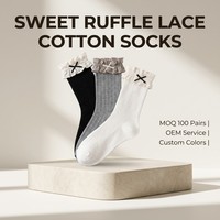Chaussettes de cheville en coton peigné personnalisées OEM, avec bordure à volants et nœud décoratif, chaussettes décontractées à côtes verticales pour jeunes filles, multicolores, vente en gros