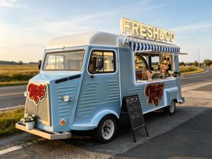 Camion <span class=keywords><strong>de</strong></span> restauration mobile électrique Citroën rétro vintage avec friteuse à beignets électrique professionnelle, vue sur les campagnes - Product Image 1
