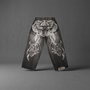 Jean en denim large pour homme, délavage foncé, imprimé graphique au dos, déchiré, effet usé, coupe ample, style streetwear - Product Image 3