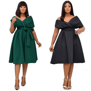 J302015 Nouvel arrivage Robe de bureau sexy à manches courtes et col en V pour femmes Robe de soirée pour femmes africaines à ligne profonde et grande balançoire - Product Image 1
