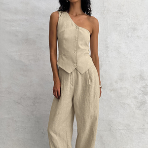 Due pezzi <span class=keywords><strong>donna</strong></span> oversize camicia di <span class=keywords><strong>lino</strong></span> <span class=keywords><strong>pantaloni</strong></span> abiti abbigliamento personalizzato 2 pezzi larghi <span class=keywords><strong>pantaloni</strong></span> camicia gilet di <span class=keywords><strong>lino</strong></span> Set per <span class=keywords><strong>donna</strong></span> - Product Image 2