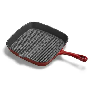 Poêle grille carrée en fonte émaillée de 24cm, avec poignée facile à saisir, ustensiles de cuisine en fonte émaillé