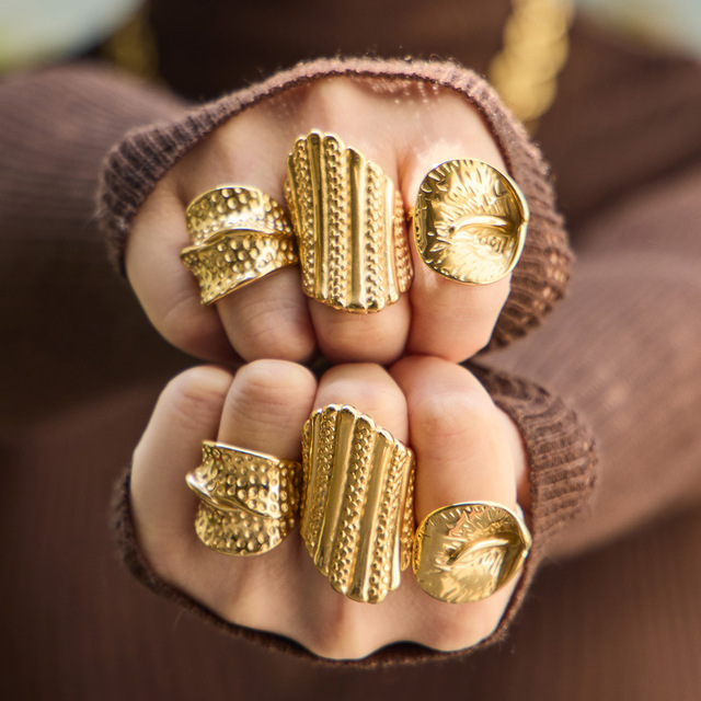 18K Gold Plated Stainless Steel Chunky Statement Ring Women Men Non Tarnish Waterproof Bold Geometric INS Style Jewelry Gift