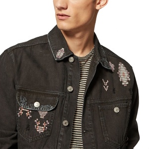 Negro chaqueta de denim personalizado bordado unisex jeans chaquetas - Product Image 4