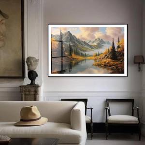 <span class=keywords><strong>Peinture</strong></span> de paysage de <span class=keywords><strong>montagne</strong></span> avec coucher de soleil doré sur <span class=keywords><strong>lac</strong></span> : Décoration rustique pour cabane - Product Image 1