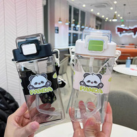 Simple doble bebida taza de plástico nuevo Panda dibujos animados niños portátil cuadrado botella de agua hebilla tapa elástica pajita para la escuela