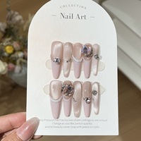 Laisense Faux ongles à presser, style français, rose diamant, mignons et doux, féminins, avec perles de verre brillantes et effet œil de chat