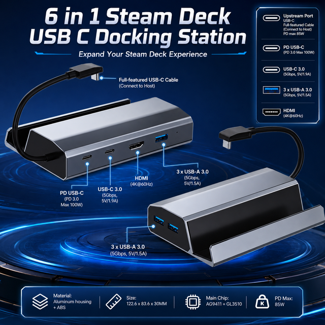 6in1 Steam Deck Docking Station,HDMI 4K*60Hz,USBC Data Port,3xUSB3.0,100W PD Charging,USB C Hub Adapter for Steam Deck & Switch