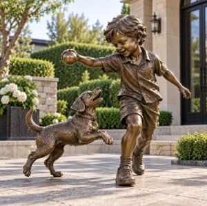 Estatua de Bronce de Tamaño Real de Niños y Perro Jugando en el Jardín, en Oferta - Product Image 4