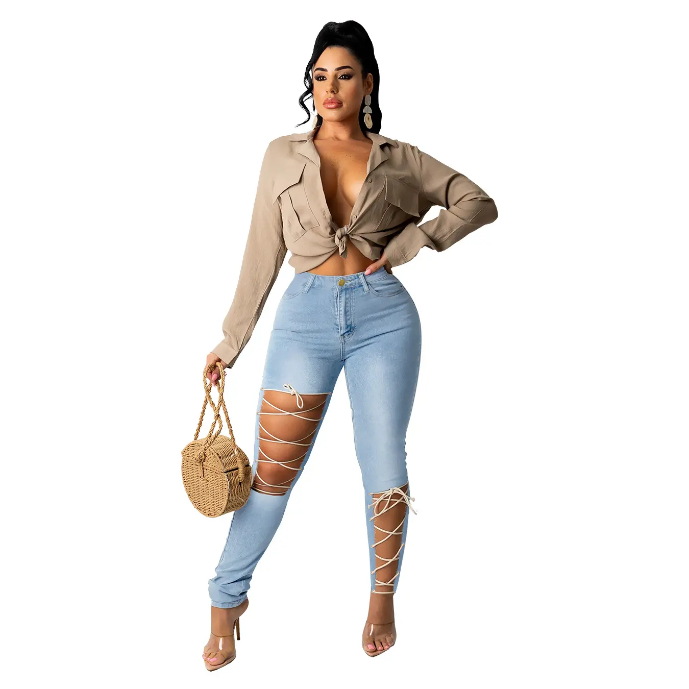 New Style Autumn Fashion Solid Color Broken Hole Bandage Sexy Trousers Jeans For Women Stylish