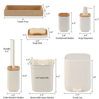Ensemble d'accessoires de salle de bain en bambou et plastique blanc écologique 6 pièces, distributeur, poubelle, brosse de toilette, porte-brosse à dents et porte-savon