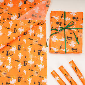 Papel <span class=keywords><strong>de</strong></span> Regalo Impermeable Naranja con Diseño <span class=keywords><strong>de</strong></span> Gatos y Fantasmas para Halloween, Papel Kraft para Envolver Dulces y Decoraciones - Product Image 1