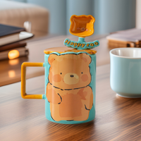 Mug en céramique émaillée à motif géométrique, ours mignon, écologique, de luxe, unisexe, 300-400 ml avec couvercle et cuillère Haoxuan Earth Day