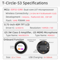 LILYGO Kit de carte de développement LCD T-Circle-S3 ESP32-S3 de 0.75 pouces avec microphone à haut-parleur et lumières LED tricolores