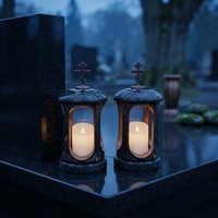 Lanterne moderne en granit bleu poli, lampe commémorative, croix orthodoxe faite à la main pour cimetière et pierre tombale