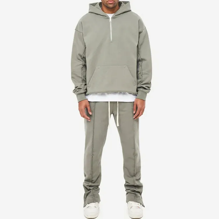 Custom 100% Cotton Raw Seam Dropped Shoulder Hoodie Heavy Weight Jogger Set With Kangaroo Pockets Men Oversized Tracksuits