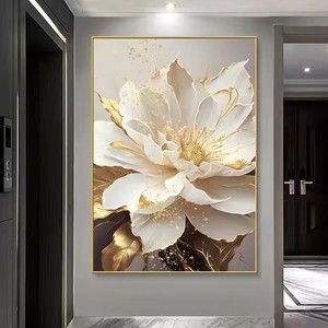 Pintura al óleo abstracta moderna de flor de loto blanco con arte de lienzo con estampado de hoja dorada para decoración del hogar de sala de estar de lujo - Product Image 1