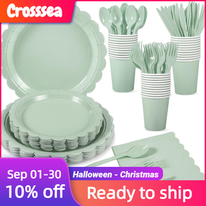 Sage Green Lace Wave Shaped Paper Tableware Set Kids Birthday Party Plates Cups Hot Selling for Valentine's Day <strong>Easter</strong> <strong>Decoratio</strong> - Product Image 1