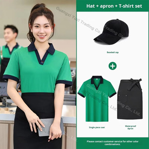 Verano transpirable algodón cuello en V paquete personalizado restaurante uniforme <span class=keywords><strong>camisetas</strong></span> <span class=keywords><strong>para</strong></span> comida rápida café tienda de té Hotel camarero ropa de trabajo - Product Image 2